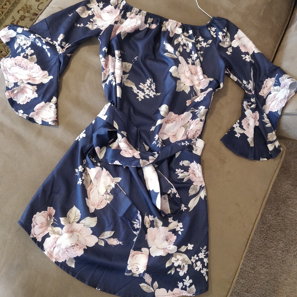 Boho navy blue floral print dress